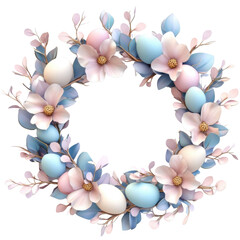 3d flower wreath with eggs, easter illustration on transparent png background