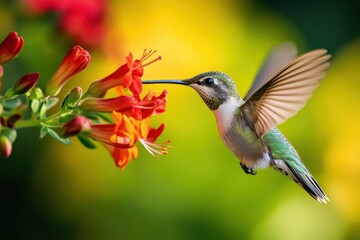 Hummingbird feeding on vibrant orange flowers in a lush garden during sunny afternoon