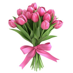 Obraz premium 3d tulip bouquet with ribbon, spring illustration on transparent png background