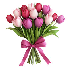 3d tulip bouquet with ribbon, spring illustration on transparent png background