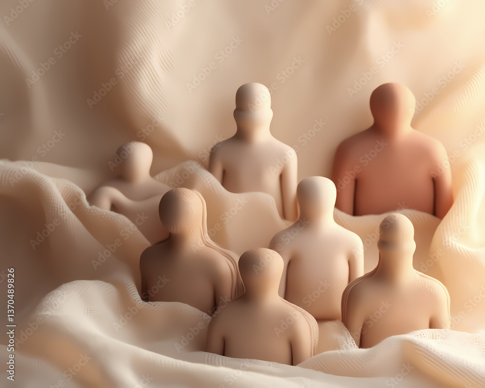 Poster group of smooth rounded figures nestled together in a soft flowing fabric.
