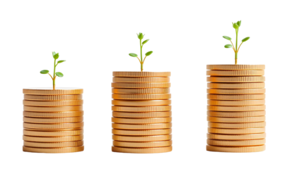 Photo of gold coins with small plants growing out isolated on transparent background.png