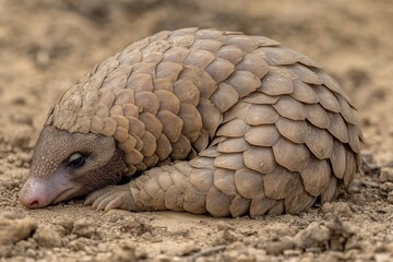 Fototapeta premium Pangolin curled up on the ground at sunset in its natural habitat observing the surrounding environment