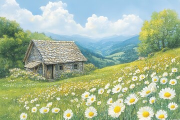 Alpine Stone Cottage with Daisy Meadow, and Mountain View.
