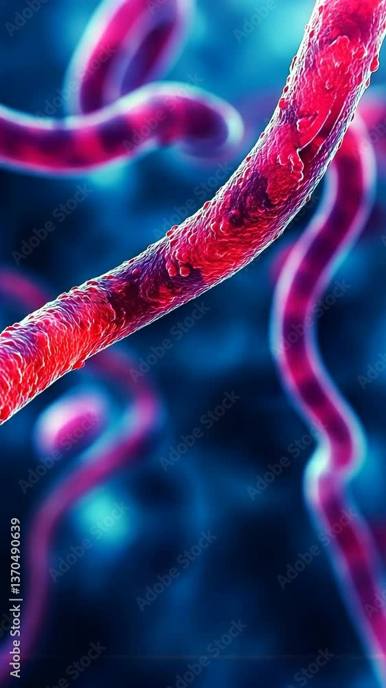 Poster microscopic view of vibrant red microorganisms in a blue background showcasing their intricate struc