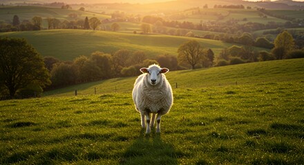Naklejka premium Sheep in a sunlit countryside pasture at sunset.