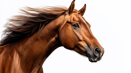 Fototapeta premium Majestic chestnut horse head portrait against clean bright background