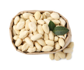 Peeled peanuts in paper bag isolated on white, top view