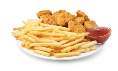 Tasty chicken nuggets and french fries with sauce isolated on white