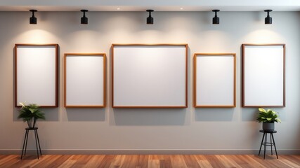 Modern gallery wall with blank frames and potted plants