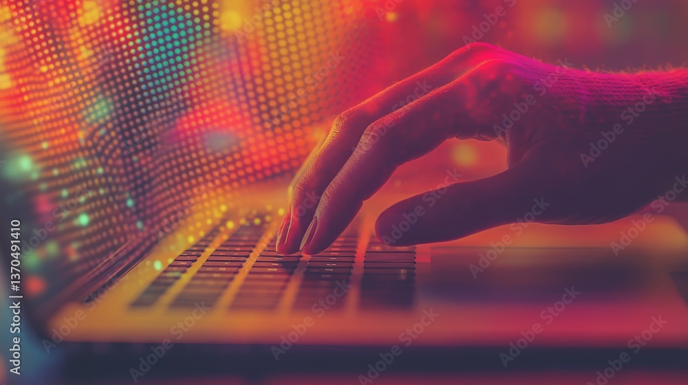 Poster collage halftone banner in retro pop style. with a hand that interacts a laptop..
