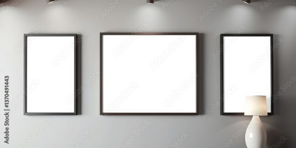 Poster modern minimalist interior with three blank picture frames and a table lamp