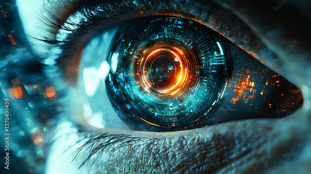 Poster a symbolic image of an eye with a lens or optical device, representing the concept of seeing clearly