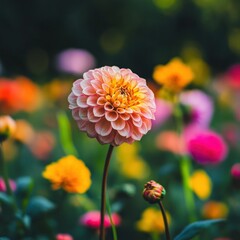 A single colorful dahlia flower stands amid a vibrant garden scene