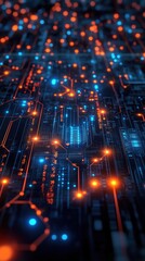 Abstract Futuristic AI Technology Concept: Intricate Circuitry and Glowing Red Lights Representing Artificial Intelligence and Digital Innovation