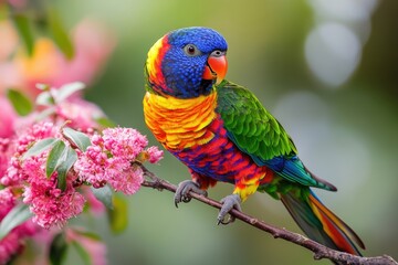 Naklejka premium Colorful parrot perched on a branch surrounded by vibrant pink flowers in a lush garden