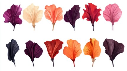 A collection of colorful stylized plant leaf illustrations displayed on white