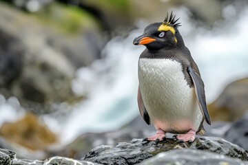 Fototapeta premium Penguin perched on rocky shore near ocean waves on a cloudy day in an Antarctic landscape