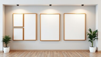 Modern gallery wall with blank frames and potted plants in a minimalist interior