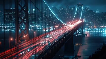 Obraz premium Dramatic city bridge at night illuminated by vibrant traffic trails and lights