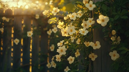 Sunlit white flowers growing on a weathered wooden fence gracefully