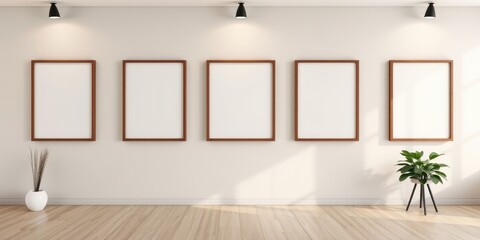 Minimalist Interior Design with Five Empty Frames and Plants