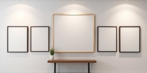 Modern minimalist interior design featuring empty picture frames and a small wooden bench