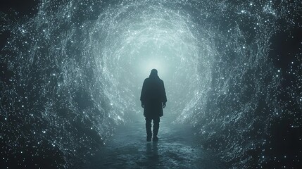 A lone figure walks towards a luminous, swirling tunnel, possibly representing a journey into the unknown or a transition between realms