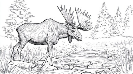Moose by a Creek, Wildlife Sketch, Nature Scene, Coloring Page