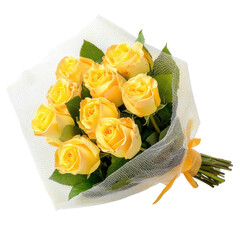 Golden Radiance: A vibrant bouquet of radiant yellow roses, artfully arranged and delicately wrapped, bursts forth with elegance and warmth. Capturing the essence of freshness, beauty.