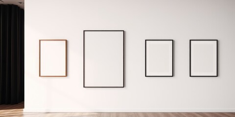 Empty picture frames on a white wall in a minimalist room
