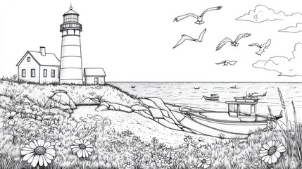 Coastal Lighthouse at Sunrise, tranquil scene, scenic view, tranquil moment, perfect for coloring books