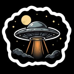 Colorful UFO sticker illustration with vibrant tones and bold outlines on a dark background