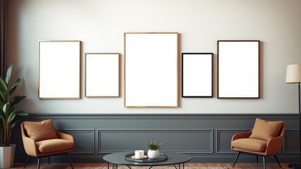 Modern Living Room with Blank Frames Ready for Artwork