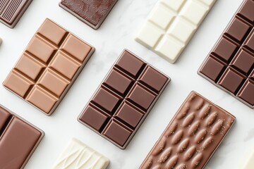 Aerial Flat Lay of Assorted Chocolate Packaging Mockups on Marble Countertop, Minimalist Matte Black, Rustic Kraft Paper, Artisan Patterns, Chocolate Bar, Sweet Treat Branding