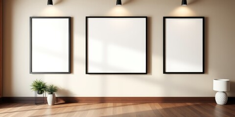 Modern Minimalist Interior with Empty Frames and Plants