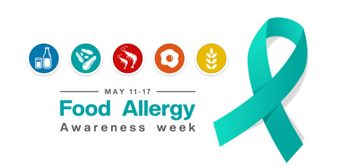 Food Allergy Awareness Week. Milk, peanut, shrimp, egg, wheat and ribbon. Great for posters, banners, social media and more. White background.