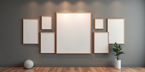 Modern minimalist home interior with empty picture frames and a potted plant on wood floor