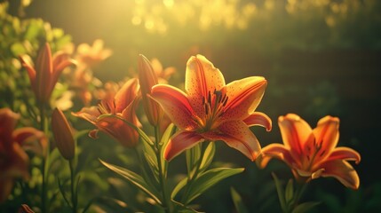 Orange lilies blooming in a garden under warm golden sunlight