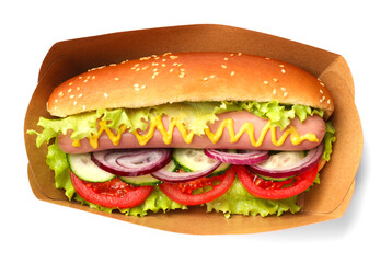 Tasty hot dog isolated on white, top view