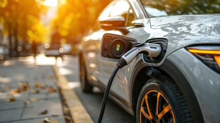 Naklejka premium Modern electric car charging in a vibrant autumn setting, showcasing eco friendly technology and sustainability through its design, color palette, and serene mood