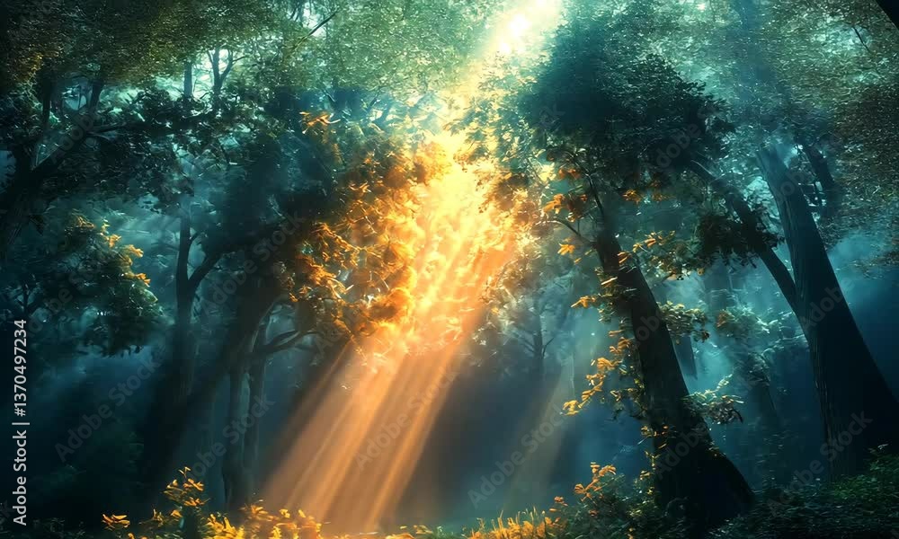 Poster mystical forest scene with light rays filtering through the trees creating a magical atmosphere
