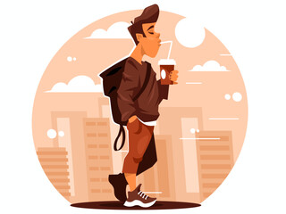 Student drinking soda. Young man holding paper cup with cola and walking down the street