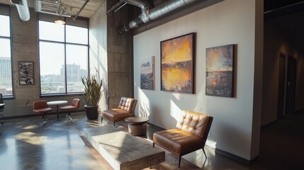 Fototapeta premium A trendy office with curated artwork, comfortable seating, and ambient lighting