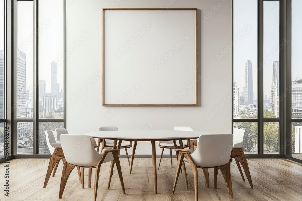Poster modern conference room with a large empty frame on the wall. featuring a round table surrounded by g