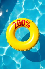 Yellow inflatable circle with red number "200%" floating in blue swimming pool