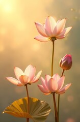 Fototapeta premium Transparent lotus flowers in golden sunset light