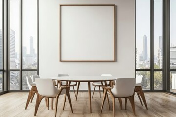 Modern conference room with a large empty frame on the wall. featuring a round table surrounded by gray chairs. and a view of a city skyline through large windows