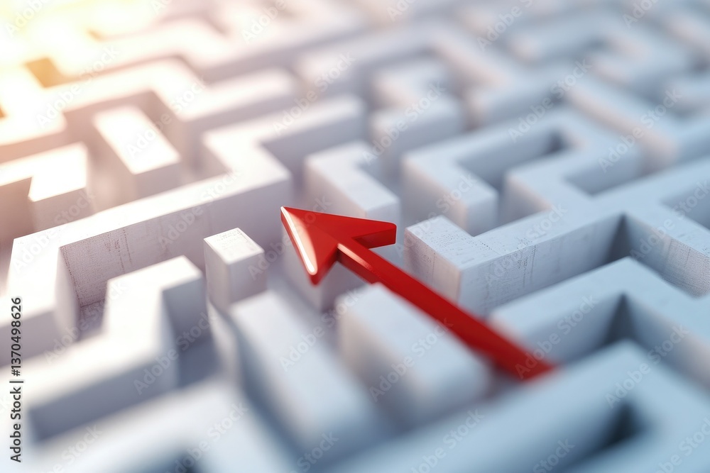 Poster a 3d representation of a white maze with a prominent red arrow indicating the direction to navigate.
