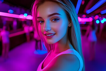 Fototapeta premium Neon Night Portrait: A captivating portrait of a young woman radiates in a vibrant, neon-lit environment, exuding confidence and allure.